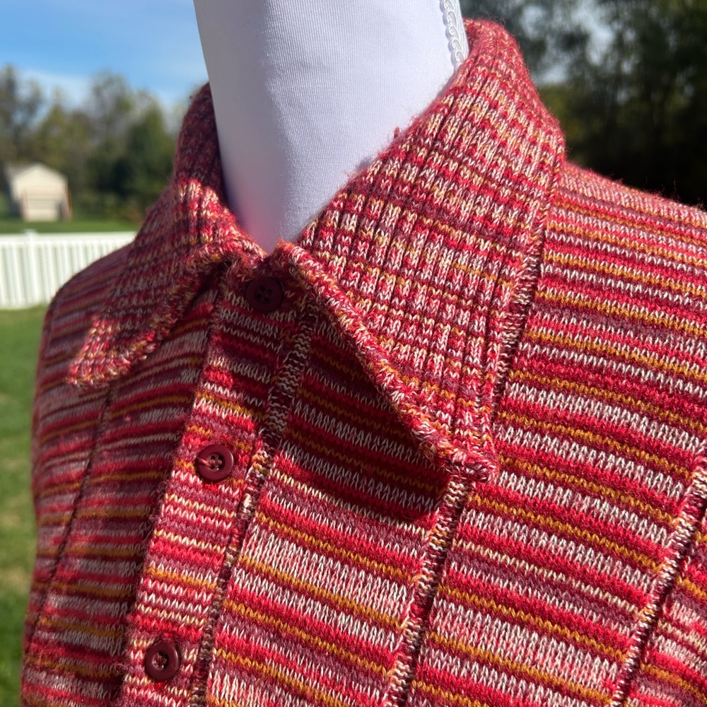 Vintage 70s Knit Red Rust Gold Space Dye Big Collar Henley Button Sweater Top S - Picture 3 of 6
